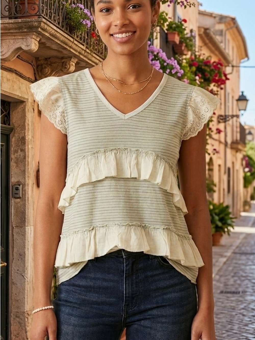 Easel Boho Striped Top Tiered Ruffles Small Sage Beige P2P 20” Length 27” Size S